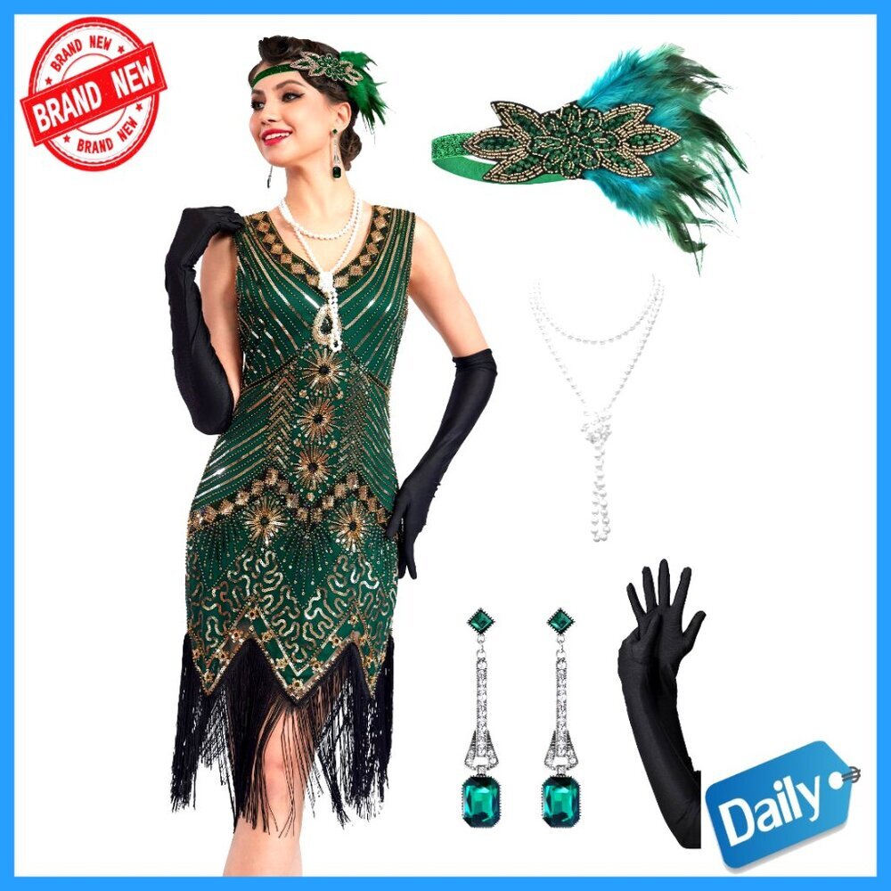 1920s Flapper Dress Fringe Sequin Costume Set with Accessories